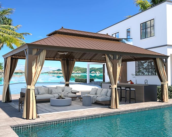 MELLCOM 14' x 22' Hardtop Gazebo,Galvanized Steel Metal Double Roof with Curtain and Netting,Brown Permanent Pavilion Gazebos with Aluminum Frame for Patios,Gardens,Lawns