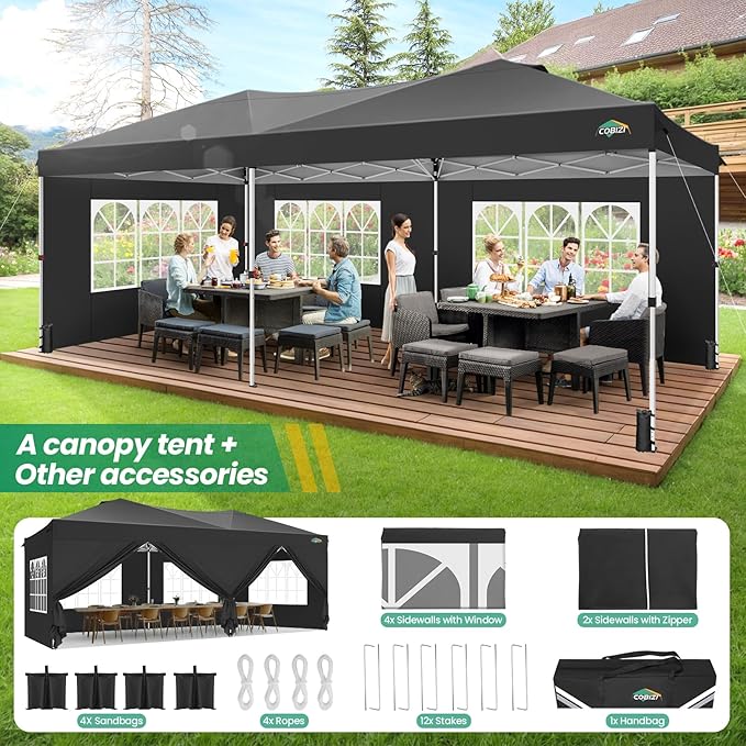 COBIZI Canopy 10x20 Pop Up Canopy Tent with 6 Sidewalls, One Push Party Tents for Parties Outdoor Wedding Waterproof Gazebo Commercial Event Tent with Sandbags, Black
