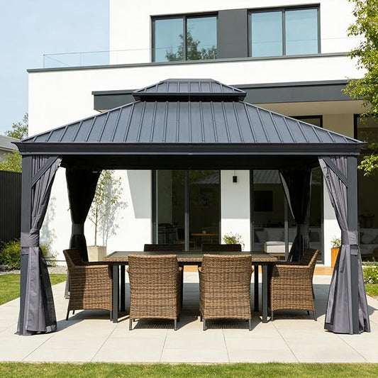 Domi 13x15FT Outdoor Gazebo, Hardtop Gazebo with Galvanized Steel Double Roof, Metal Gazebos with Drainage System Patio Pergola for Patio Deck Backyard,Curtain and Netting,Gray