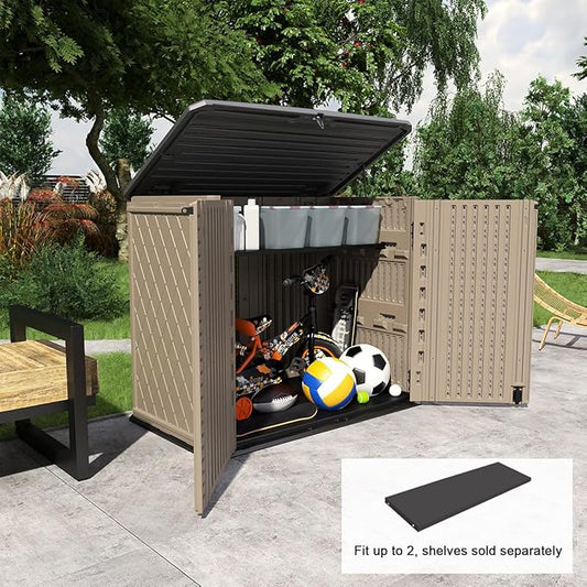 KINYING Outdoor Storage Shed - Horizontal Storage Cabinet Waterproof for Garden, Patio, Backyard, Storage Box for Easy Storage of Garbage Cans, Tools, Lawn Mower, 26 Cubic Feet,Dark Brown