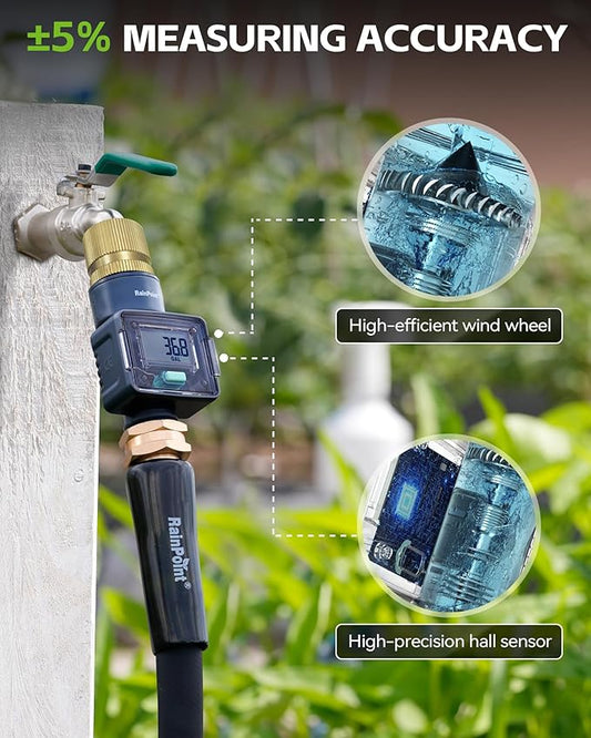 RAINPOINT Water Flow Meter with Brass Inlet, ±5% Accuracy, Max Measured Consumption of 9999.9 Gallon/Liter, Water Meter for RV Tank Filling, Garden Hose Watering, Lawn Sprinkler & Nozzle Sprayer