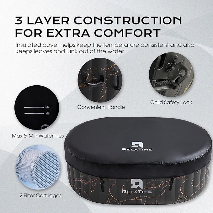 Portable 2 Person Hot Tub Inflatable, Outdoor Blow Up Hottub with Led Light, Energy Efficient Cover, 100 Air Jets Built in Heater Pump, Oval Spa for Relaxation, Table Tray, 2 Filters, Black