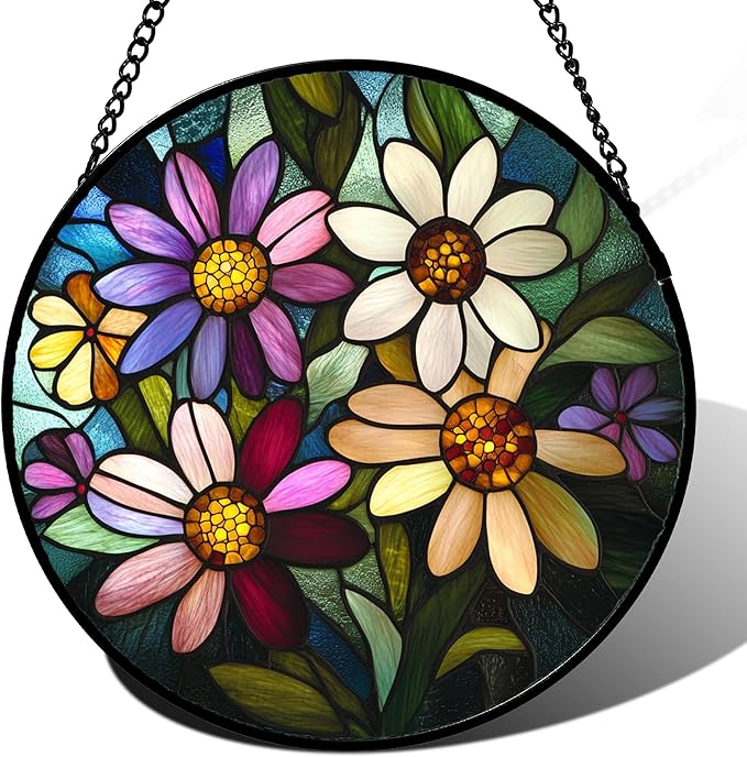 CRISGIF Stained Glass Window Hanging - Colorful Daisies Suncatcher for Door Garden Patio Retro Flower Sun Catchers Decor Christmas Mother's Day Birthday Gifts for Women Mom Nana Aunt Friend 7.8 in