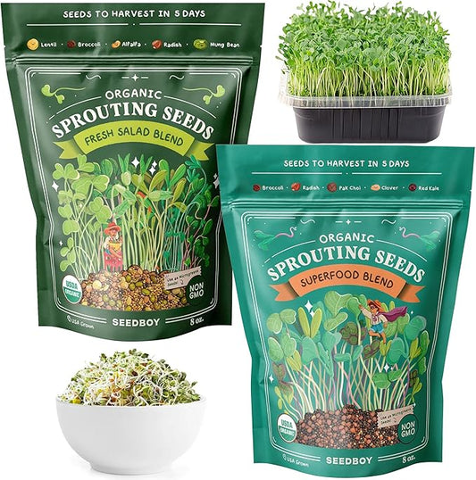 Seedboy Organic Non-GMO Sprouting Seeds, 2-Variety Pack - Salad and Superfood Blends - Two 8 oz Bags Make 16 Quarts, 48 Servings (Everyday Pack)