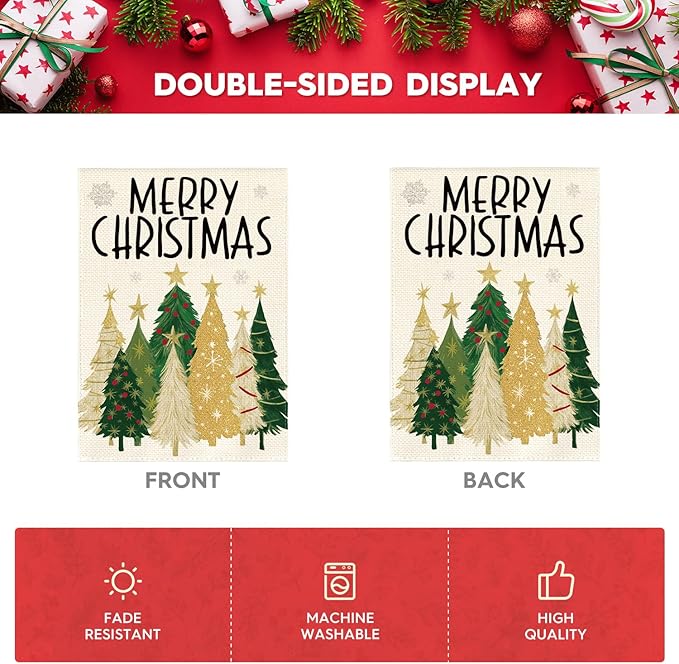 AVOIN colorlife Merry Christmas Garden Flag 12x18 Inch Double Sided Outside, Christmas Trees Winter Holiday Yard Outdoor Flag
