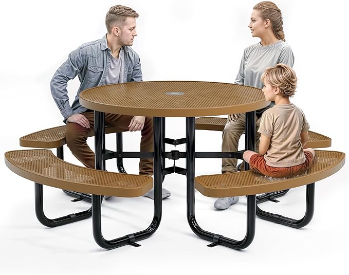 OUTTANS Metal Picnic Tables for Outdoors with Umbrella Hole - Coated Steel Heavy Duty Commercial Grade Furniture Set with Adjustable Seats (Brown, 46 in, Round, Punched Steel)