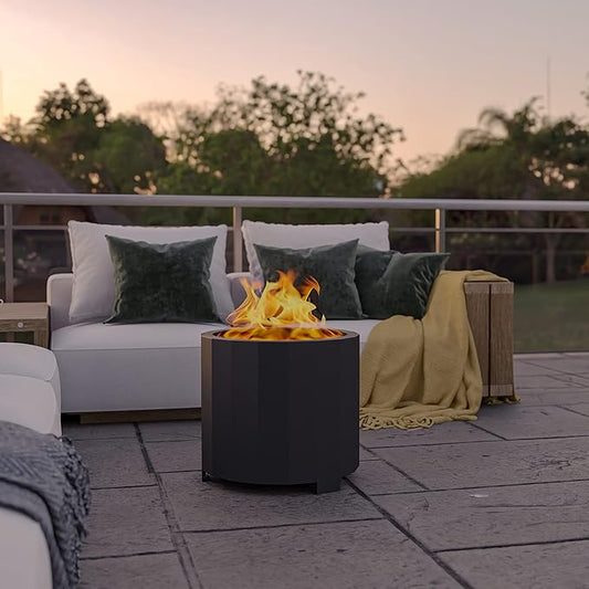 Flash Furniture Titus Commercial Grade Wood Burning Smokeless Outdoor Firepit - Black Finish - 19.5 inches - Portable - Waterproof Cover