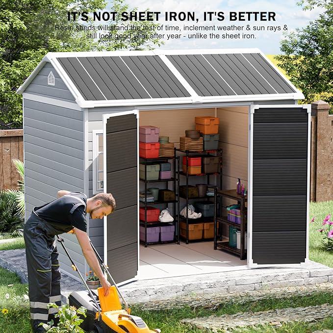 CDCASA 8x6 FT Resin Storage Shed, Waterproof Large Outdoor Sheds with Floor & 2 Adjustable Openable Windows Included, Outside Plastic Tool Shed for Backyard Patio Poolside Garden Lawn