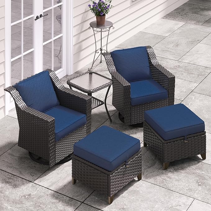 5 Pieces Patio Conversation Furniture Set - Swivel Chairs with Ottomans Set of 2, 1 Side Table, Outdoor Wicker Furniture Set with Washable Cushions for Porch, Balcony, Sunroom (Navy Blue)