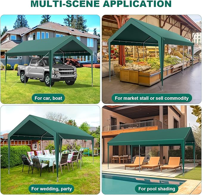 12x20FT Heavy Duty Carport, Portable Car Canopy Garage Boat Shelter Party Tent, UV Resistant Waterproof Carport Canopy with Four Wind-Resistant Ropes, Green