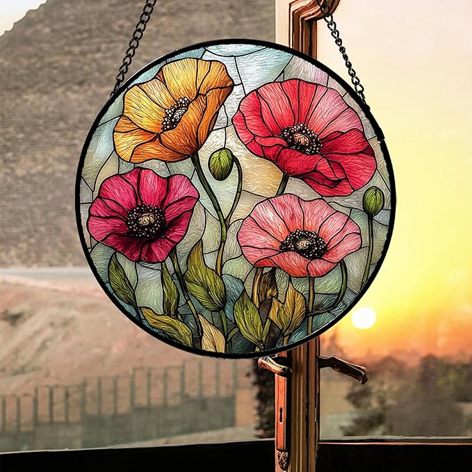 AMDERVEN Stained Glass Window Hanging, Red Orange Poppy Birth Flowers Sun Catcher for Door Garden Yard Decor Wildflowers Suncatcher Christmas Mother Birthday Gifts for Women Men Mom Nana 15 in
