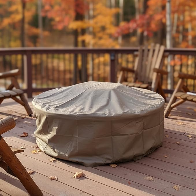 Sunnydaze Round Outdoor Fire Pit Cover - Heavy-Duty 300D Polyester and PVC with Drawstring Closure - Khaki - 30-Inch