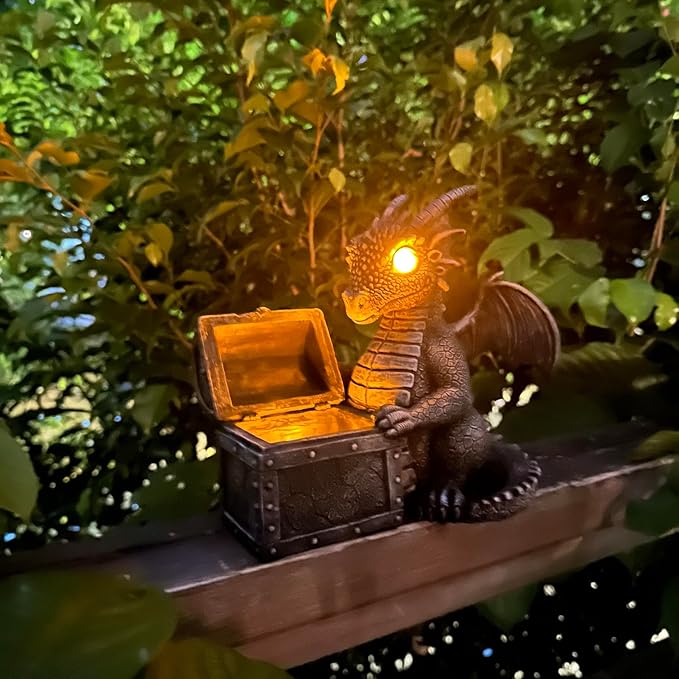 Jy.Cozy Garden Dragon Statue Solar Powered Outdoor Figurine Light Decor Cute and Hold Glowing Treasure Chest Resin Sculpture Home Decoration for Porch Patio Lawn Farm Yard Housewarming Ornament Gift