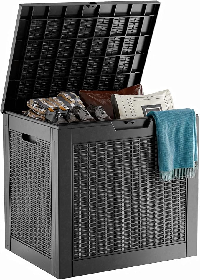 30 Gallon Wicker Pattern Resin Deck Box, Lockable Patio Outdoor Storage Box for Furniture, Garden Tools and Tools Storage, Waterproof Outside Storage Box - Black Rattan