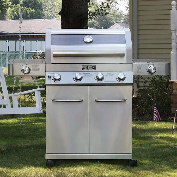 Monument Grills Larger 4-Burner Propane Gas Grills Stainless Steel Cabinet Style with Infrared Side Sear Burners & Side Burners with Smoke Box(2 items)