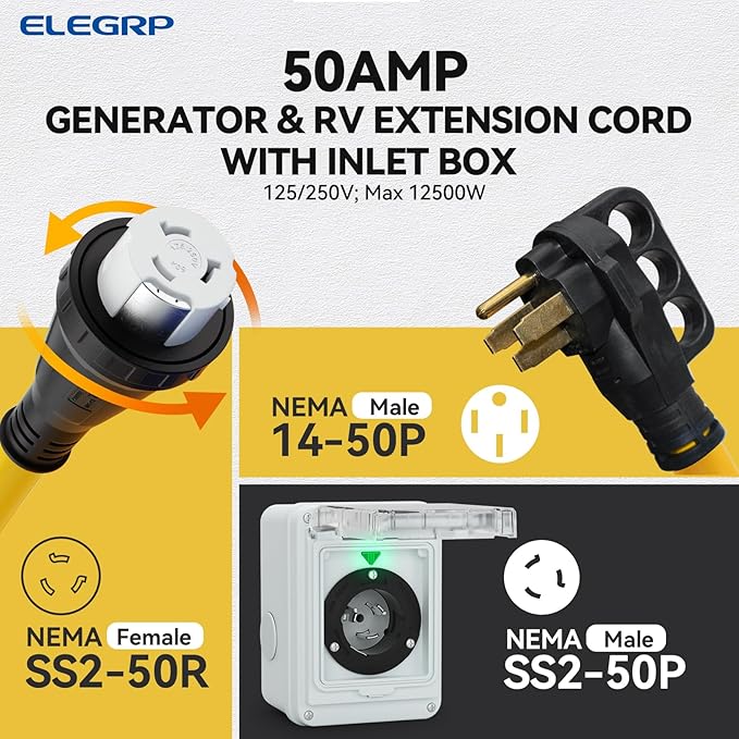 ELEGRP 50 Amp Generator RV Cord 25 FT and Power Inlet Box, Pre-Drilled Generator Inlet Box, NEMA 14-50P to NEMA SS2-50R 6/3+8/1 Gauge STW Generator Cord Waterproof Combo Kit, UL Standard Compliant