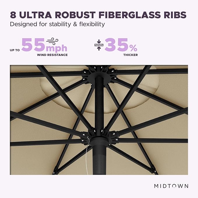 Midtown Umbrellas Push Pop Sunbrella Umbrella 10 Feet Large Outdoor Umbrella With Heather Tan Fabric - Deck Patio Umbrella, Backyard Umbrella, Garden Umbrella & Pool Umbrella - Black Pole