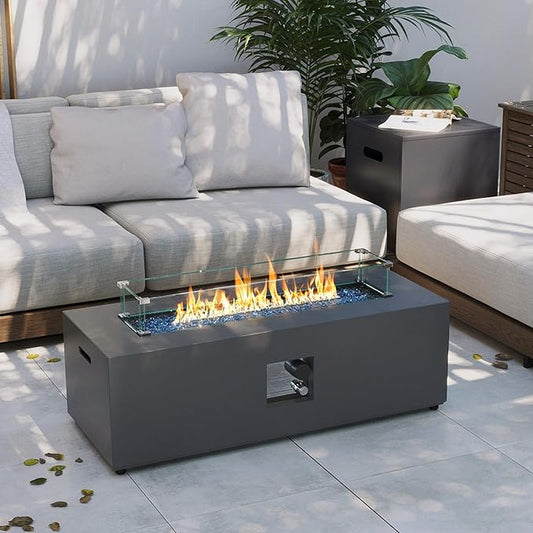 UPHA 42-inch Outdoor Propane Gas Fire Pit Table 50000 BTU Iron Rectangle Firepit for Outside Patio with Tank Hidden Table, Wind Guard, Removable Lid, Blue Glass Rocks, Rain Cover, Grey