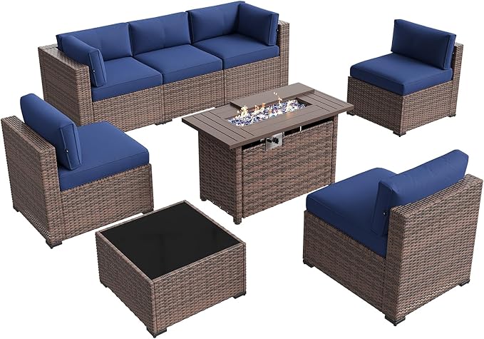 Aoxun Patio Furniture Sets, 8-Piece Outdoor Patio Furniture with 44'' Propane Gas Firepit Table, Wicker Outdoor Conversation Set Sectional Sofa for Backyard, Poolside, Garden