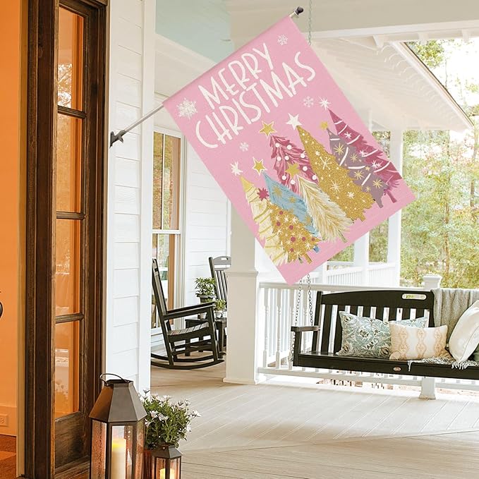 AVOIN colorlife Merry Christmas House Flag 28x40 Inch Double Sided Outside, Christmas Trees Winter Holiday Yard Outdoor Flag Pink