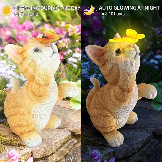 PaLuQiYa Solar Garden Statue Cat Figurine,Resin Cat Statue Playing Butterfly,Outdoor Decoration for Patio,Balcony,Yard, Lawn-Unique Housewarming Gift for Garden Mom Grandma