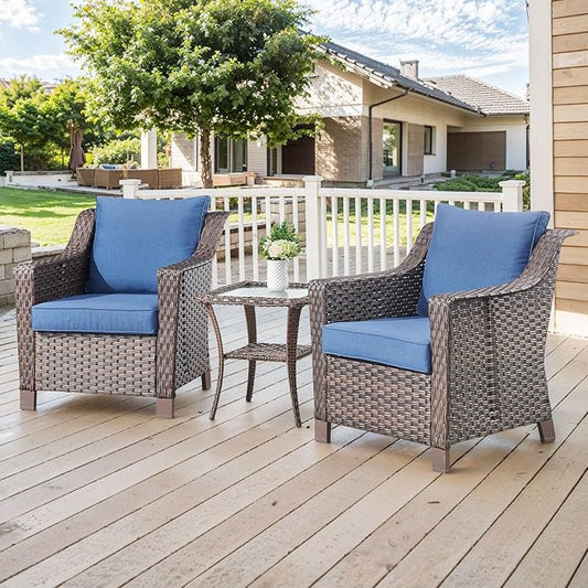 3 Pieces Patio Furniture Set-Wicker Patio Chairs Set of 2 with Tempered Glass End Table Outdoor Patio Chairs for Deck Balcony Poolside Backyard-Brown/Blue