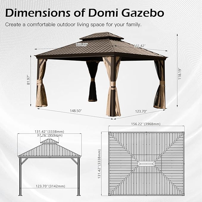 Domi 11x13FT Outdoor Gazebo, Hardtop Gazebo with Galvanized Steel Double Roof, Metal Gazebos with Drainage System Patio Pergola for Patio Deck Backyard,Curtain and Netting,Brown