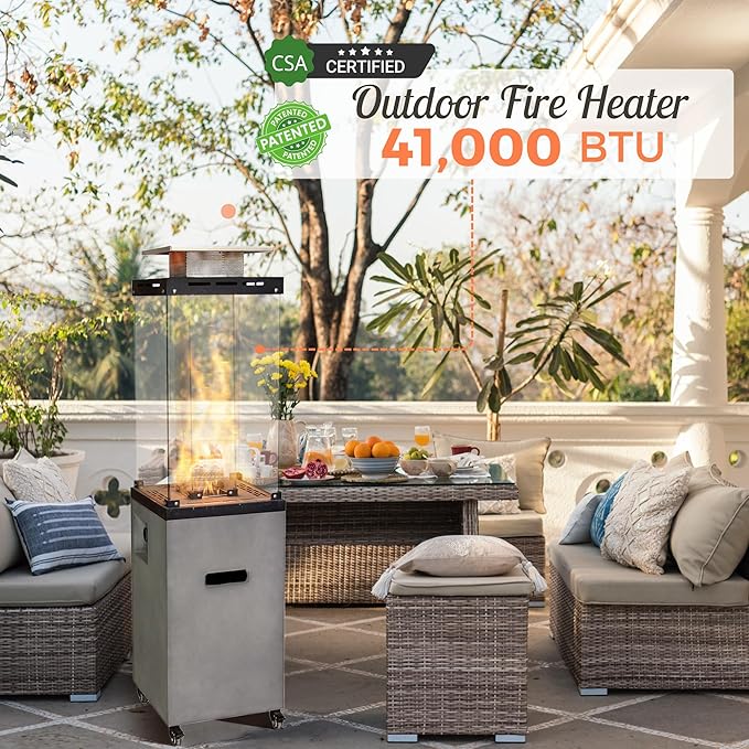 Afterglow Outdoor Patio Propane Fire Heater with Weather Cover Glass 41000 BTU Fireplace Patented & CSA Certificated, Cement Gray