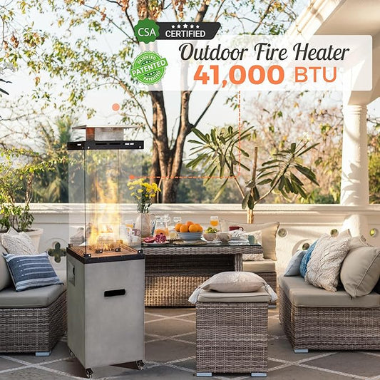 Afterglow Outdoor Patio Propane Fire Heater with Weather Cover Glass 41000 BTU Fireplace Patented & CSA Certificated, Cement Gray