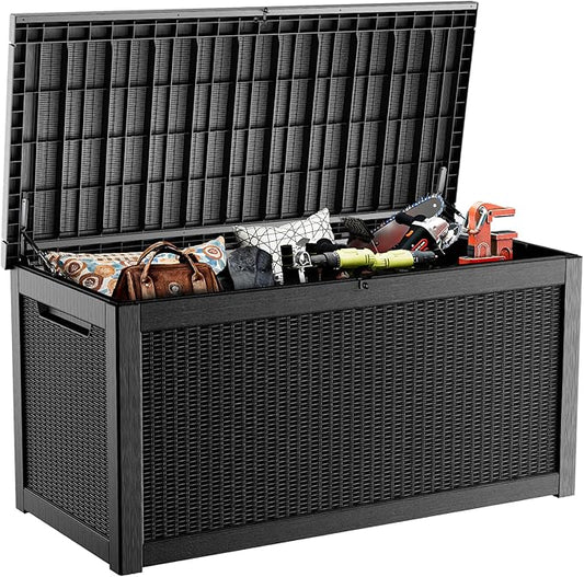 320 Gallon Large Resin Deck Box, Lockable Outdoor Storage Box for Patio Cushions Storage Furniture,Garden Tools, Pool Supplies, Weatherproof and UV Resistant-Black Rattan (320 Gallon)