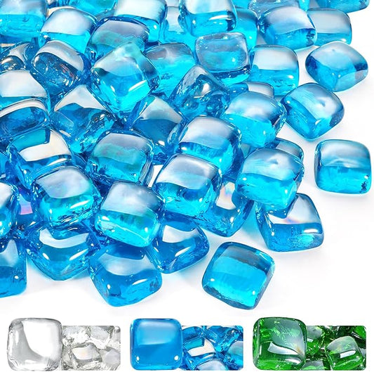 GasSaf Caribbean Blue Fire Glass Cubes for Outdoor Fire Pit, Fireplace, Replaces Existing Gas Logs & Lava Rocks, 1 Inch Glass(10 Pound)(Caribbean Blue Luster)