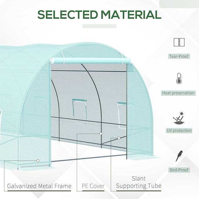 Outsunny 20' x 10' x 7' Walk-in Tunnel Greenhouse with Zippered Door & 8 Mesh Windows, Large Garden Green House Kit, Galvanized Steel Frame, Green
