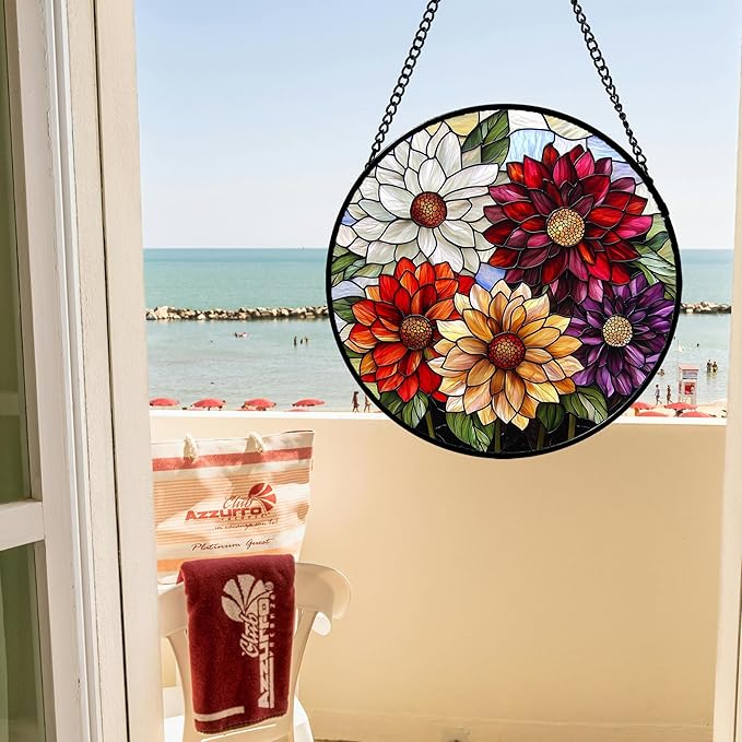 AMDERVEN Stained Glass Window Hanging, Colorful Flowers Sun Catcher for Window Door Home Decor Plant Suncatcher Christmas Mother's Day Birthday Gifts for Women Men Mom and Nana 9.8 in