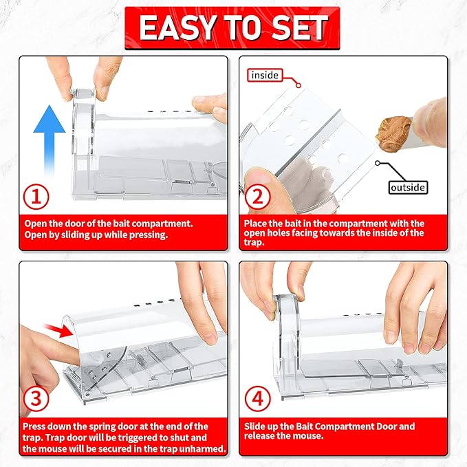 LULUCATCH Humane Mouse Traps 2 Pack, Live Mouse Traps, Catch Release Mouse Traps Indoor for Home, No Kill Mole Squirrel Rat Traps for House & Outdoors, Pet Safe, White