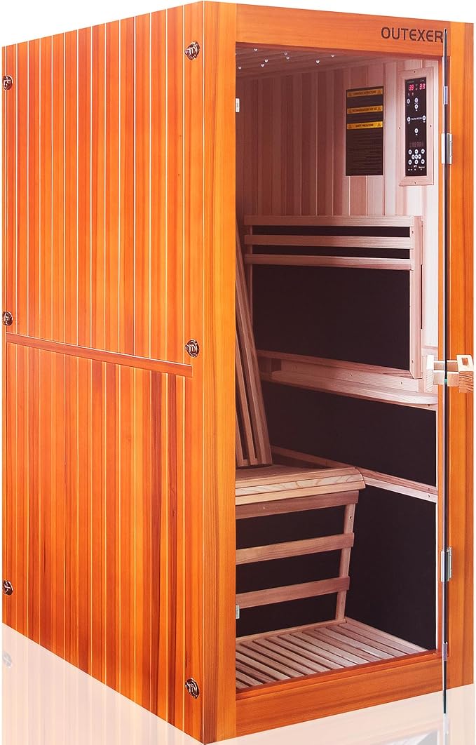 Infrared Sauna Home Traditional Sauna for Home Low EMF 1100W for 1 Person Relaxing Backboard with Control Panel, Bluetooth Speaker, Reading Lamp,Top Starry Sky (Ameican White Oak, 48"×33”×70“)