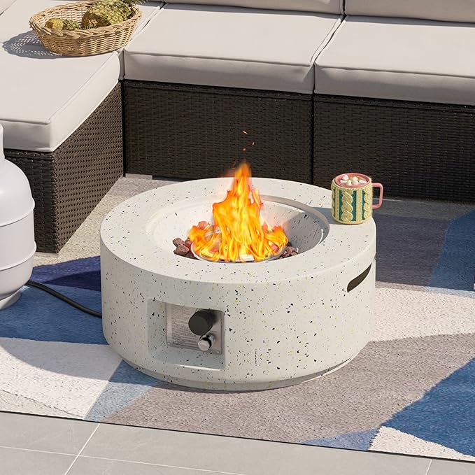 SUNBURY Outdoor 28 Inch Propane Fire Pit Table, 40,000 BTU Spotted White Patio Gas Fire Table w Lava Rocks, Waterproof Cover