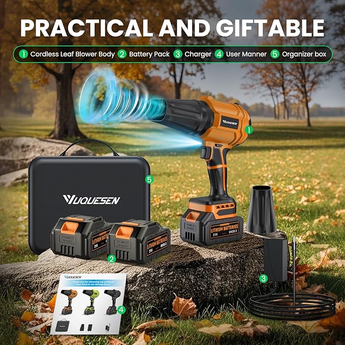 Cordless Leaf Blower, 980,000 RPM Handheld Leaf Blower with 2 X 4.0Ah Batteries & Charger, Lightweight Leaf Blowers for Patio Cleaning, Lawn Care, Leaves, Dust - Orange