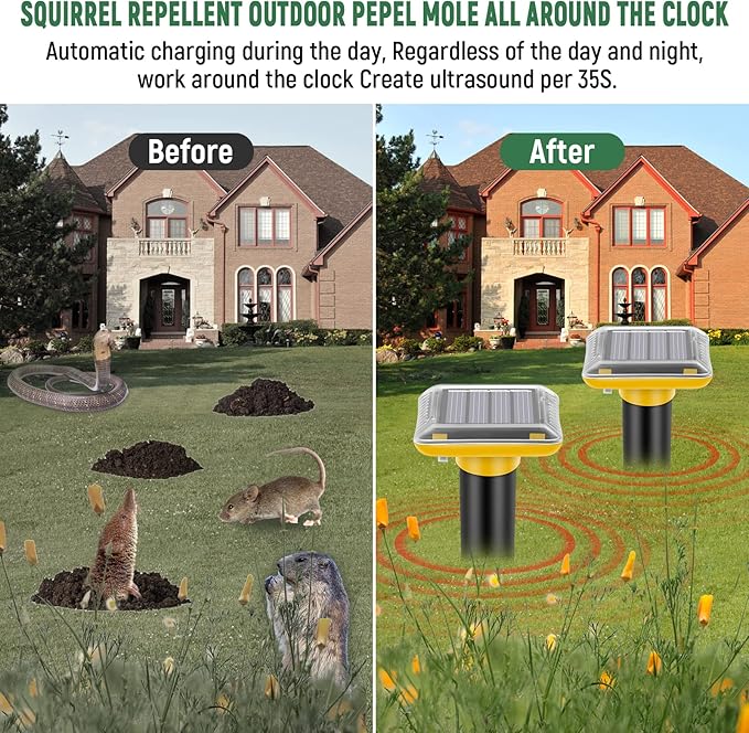 Mole Repellent Solar Powered,2025 Upgraded Gopher Repellent Ultrasonic Solar Powered,Vole Repeller Outdoor for Lawns Garden Yard,Gopher Trap Killer for Mole,Snake (Yellow,6 Pack)