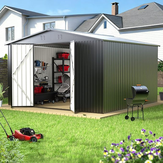 PABIMIA10X10 FT Outdoor Storage Shed, Durable Metal Outside Storage with Lockable Doors, Waterproof Storage Shed for Tools, Equipment, Ideal for Backyard Garden Patio Lawn