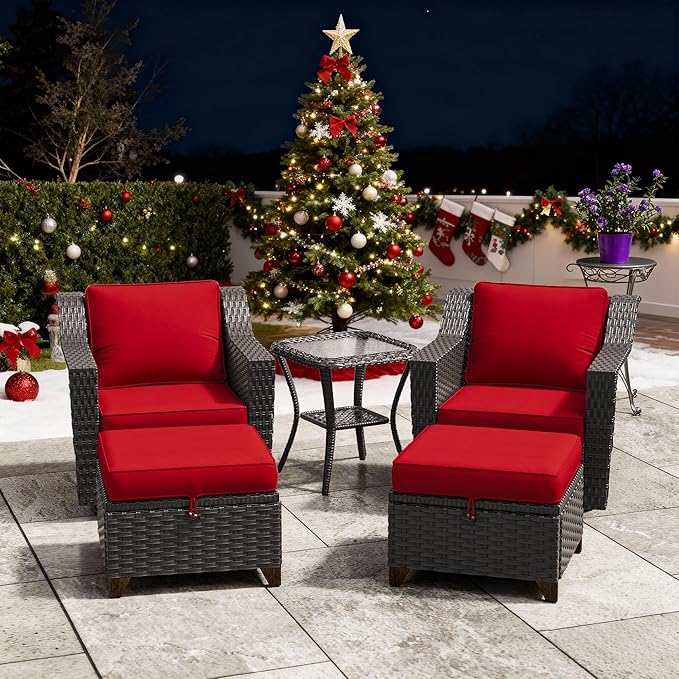 5 Pieces Patio Conversation Furniture Set - Swivel Chairs with Ottomans Set of 2, 1 Side Table, Outdoor Wicker Furniture Set with Washable Cushions for Porch, Balcony, Sunroom (Red)