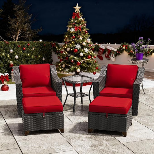 5 Pieces Patio Conversation Furniture Set - Swivel Chairs with Ottomans Set of 2, 1 Side Table, Outdoor Wicker Furniture Set with Washable Cushions for Porch, Balcony, Sunroom (Red)