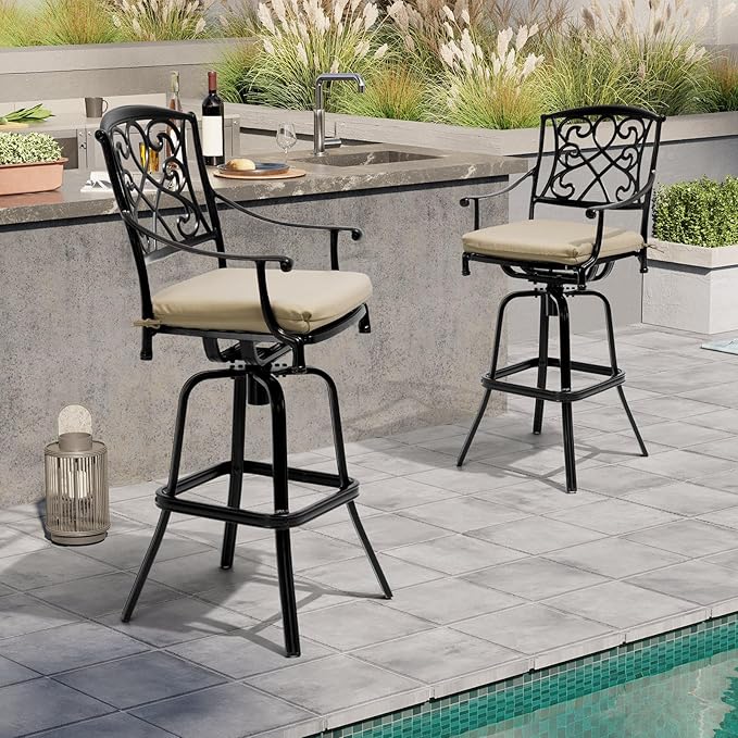 Crestlive Products Outdoor Bar Stools with Sunbrella Cushion Set of 2, 360° Swivel Patio Bar Height Chairs, All Weather Heavy Duty Commercial Grade Furniture, Antique Brown Finish for Outside (Tan)
