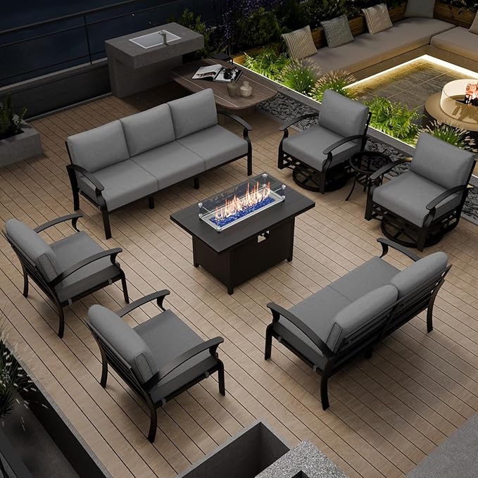 Aluminum Patio Furniture Set with Fire Pit Table, 9 Seats Outdoor Patio Conversation Set with Swivel Chair Modern Metal Patio Sectional Sofa with Upgrade Cushions for Patio, Backyard (Grey)