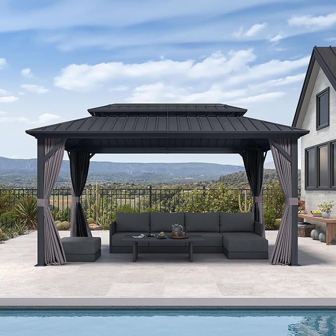 PURPLE LEAF 8' X 14' Permanent Hardtop Aluminum Gazebo with Double Galvanized Steel Roof Removable Netting Curtains and Ceiling Hooks for Patio Lawn Backyard Deck Garden Grey