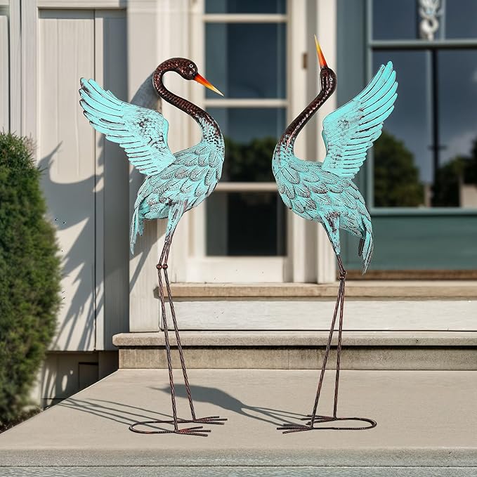 Ultym 47.5" Extra-Large Blue Heron Decor, Handcrafted Metal Crane Statues with Stable U-Ground Stakes, Backyard Decoration, Metal Garden Bird Animal Yard Art, Lawn Ornament