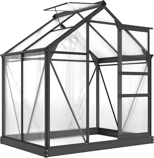Outsunny 6' x 4' Greenhouse for Outdoors, Polycarbonate Greenhouse with Rain Gutter and Roof Vent, Aluminum Walk-in Green Houses for Outside for Patio Backyard Garden, Gray