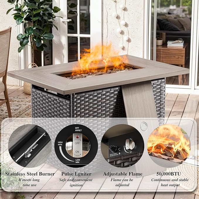 Luxury High Back Outdoor Furniture 6-Inch Thick Cushions with 50,000 BTU Gas Propane Fire Pit Tablet, Patio Furniture Set with Swivel Chairs, 6 PCS for Porch, Balcony, Deck and Yard