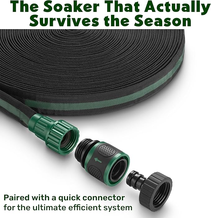 Flat Soaker Hose 50ft (25ft 2-Pack) for Garden // Drip Hose for Garden Beds, Lawns and Trees // Heavy Duty Leakproof Design with Quick Connect // Linkable Irrigation System for Vegetables and Flowers