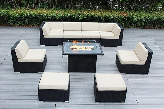 9 Piece Ohana Outdoor Patio Furniture Black Wicker Conversation Set with Fully Assembled Sectional and 42-inch Propane Gas Fire Table