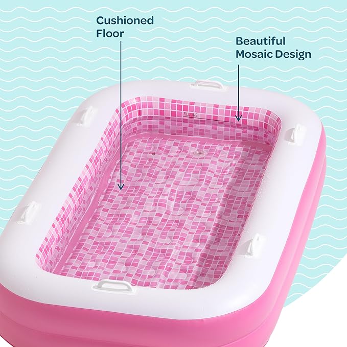 2-in-1 Inflatable Kiddie Pool, 65"x39"x10" (5'5") Soft Cushioned Floor, Handles, Drain, Shallow Rectangular Blowup Swimming Pool for Kids Age 2+ Toddler Ball Pit, Small Adult Backyard Tanning Pool